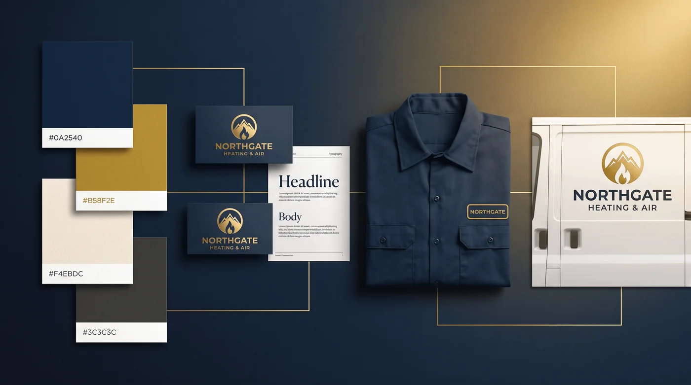 Home service contractor brand identity system — logo, color palette, uniform and service van