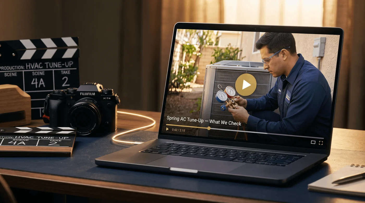 Service video of an HVAC technician playing on a laptop