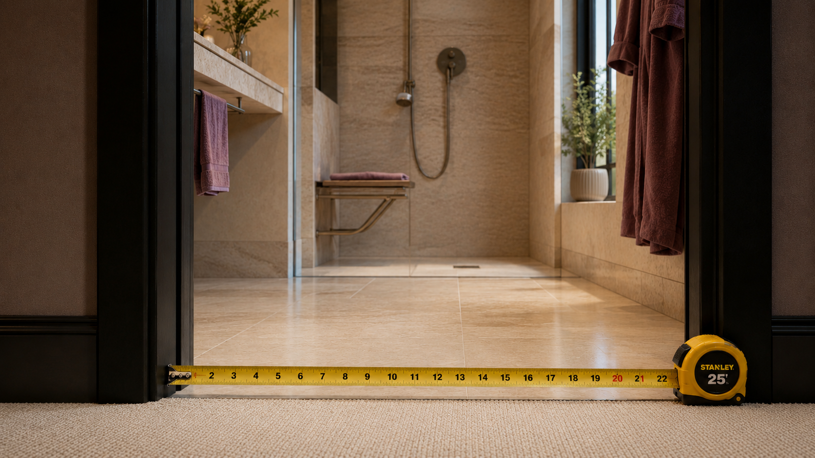 Yellow measuring tape stretched across a hotel bathroom doorway showing the door width, the Defying Limits Verification Standard.