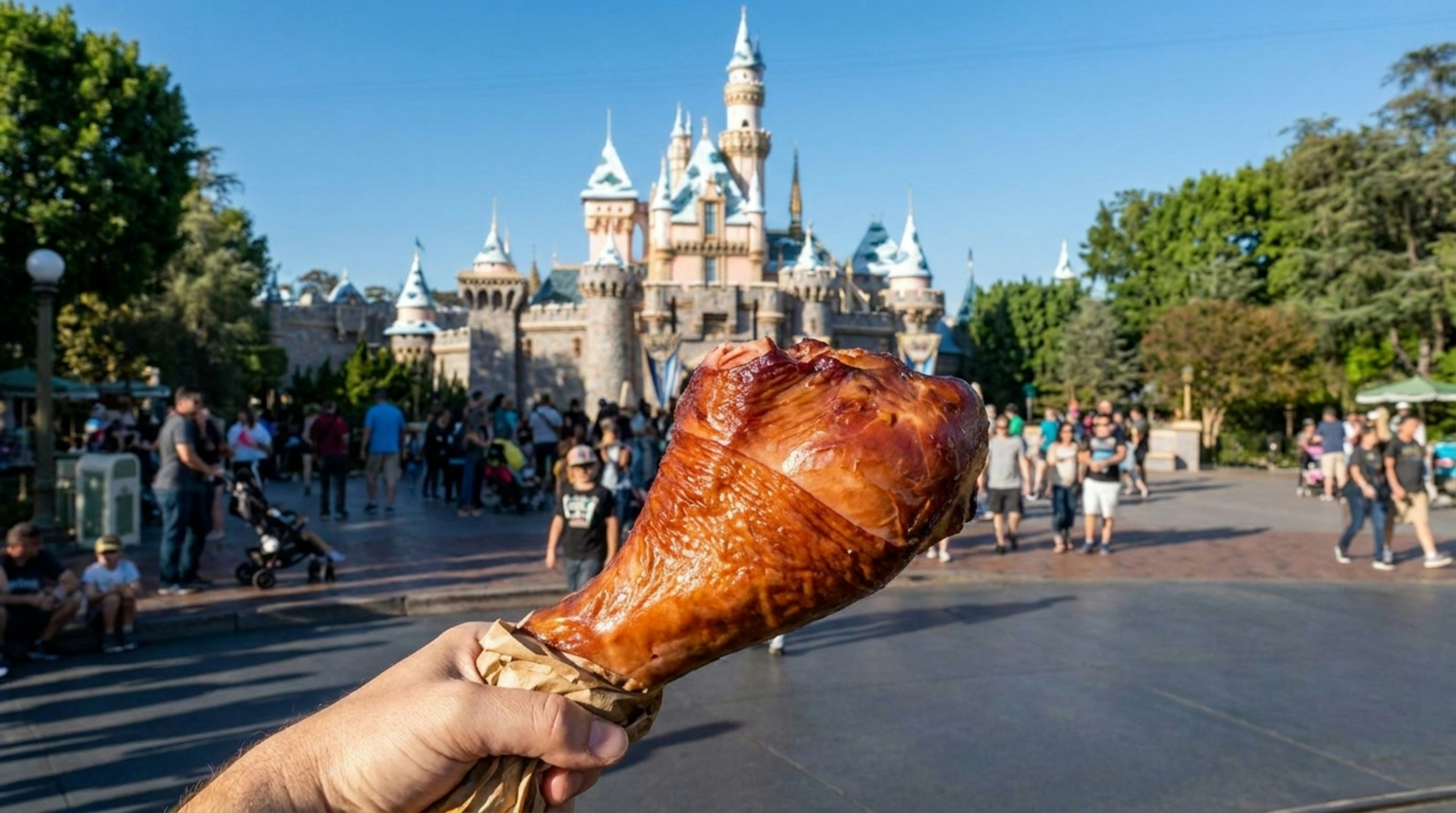 Gluten free turkey leg in front of Sleeping Beauty Castle at Disneyland, California.