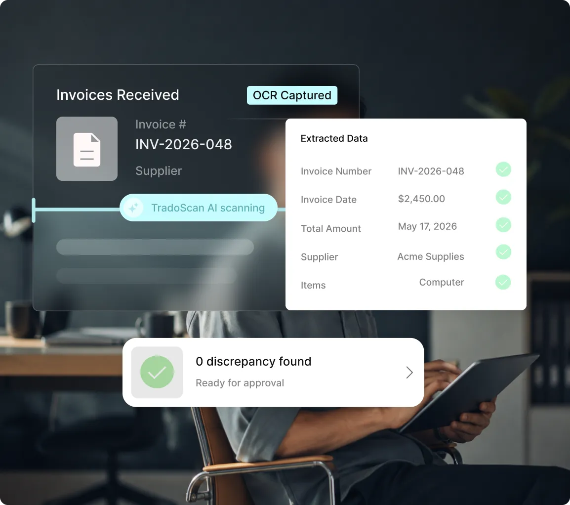 Tradogram AI procurement automation using OCR to extract invoice data and identify discrepancies for review.