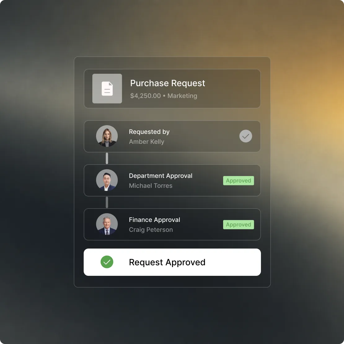 Tradogram approval workflow showing a purchase request automatically routed through department and finance approvals.