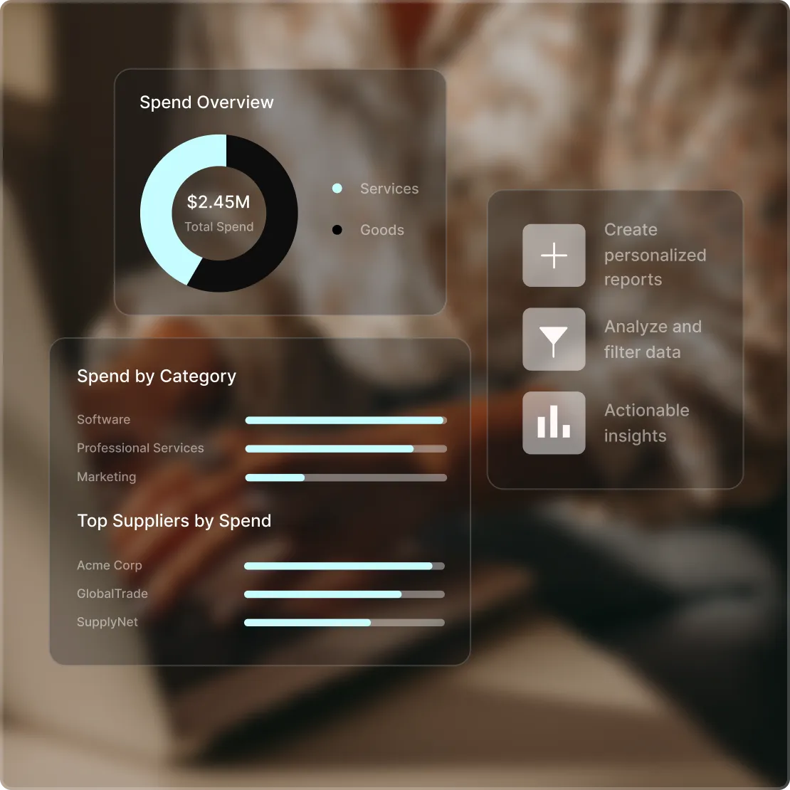 Tradogram procurement reporting dashboard showing spend overview, supplier spending, category trends and actionable insights.