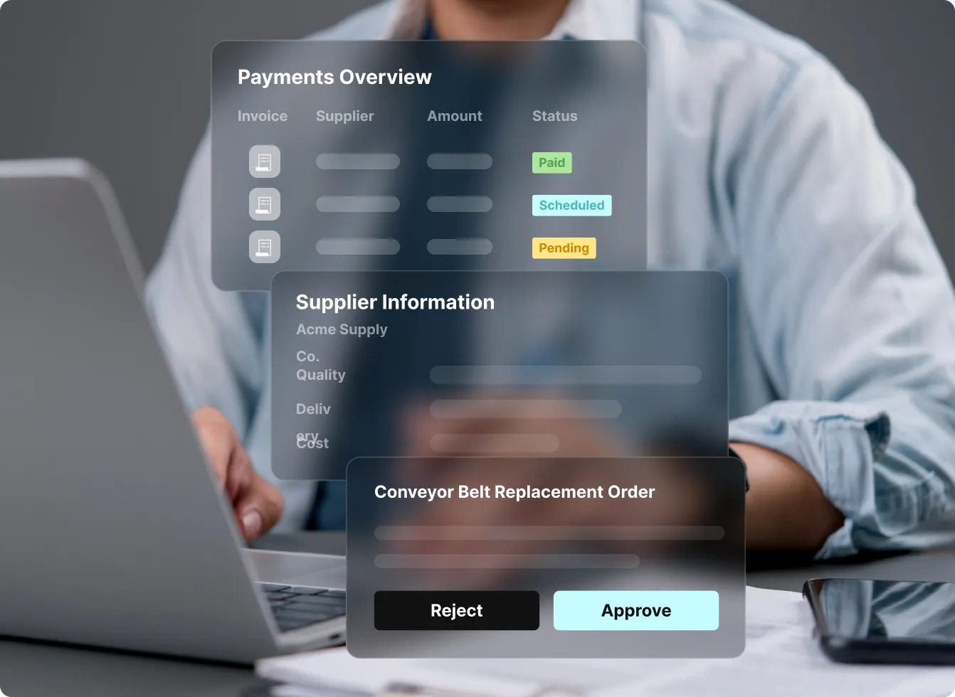 Tradogram supplier payment software showing supplier information, invoice payment status, and payment approval.