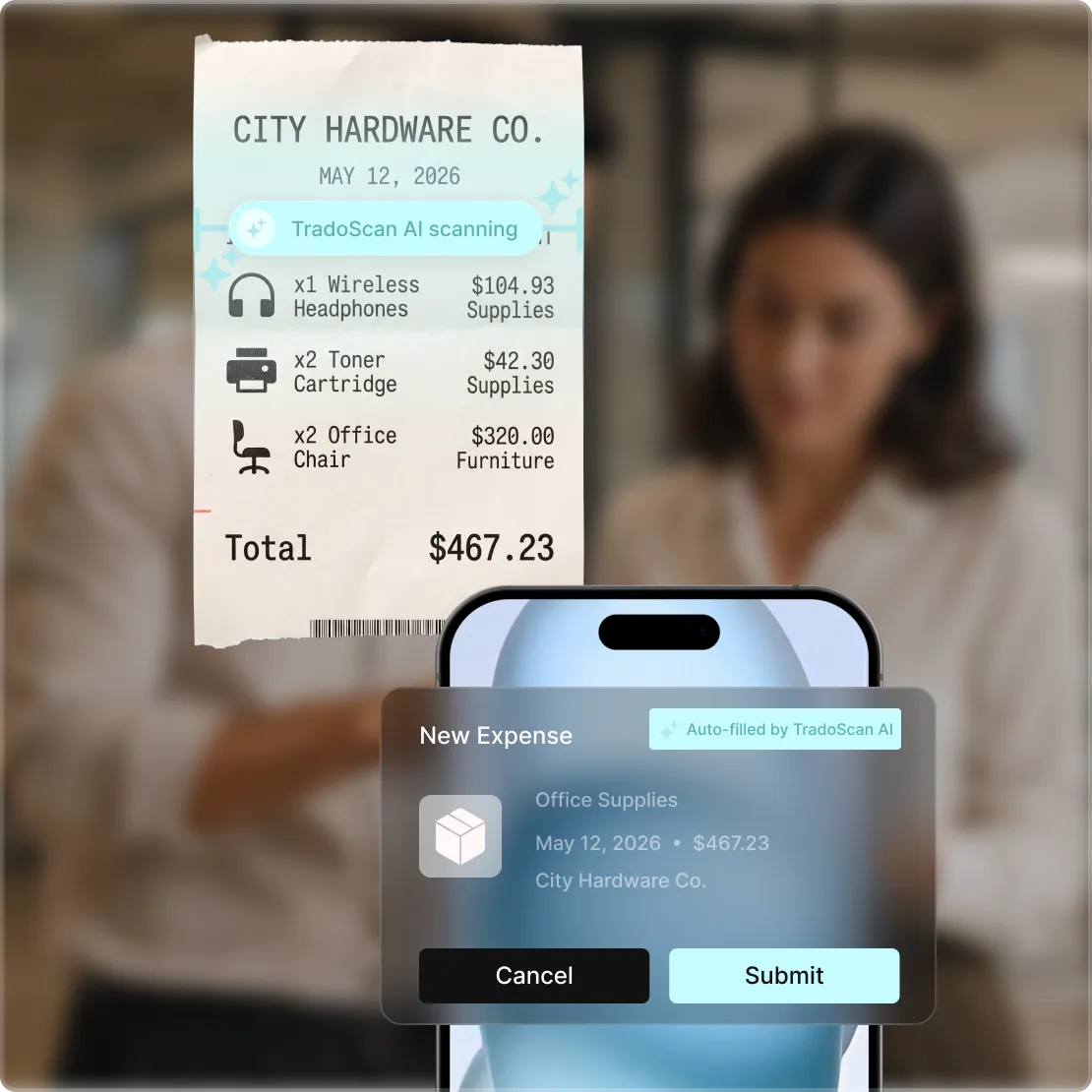 Tradogram expense management showing TradoScan AI scanning a receipt and creating a mobile expense record.