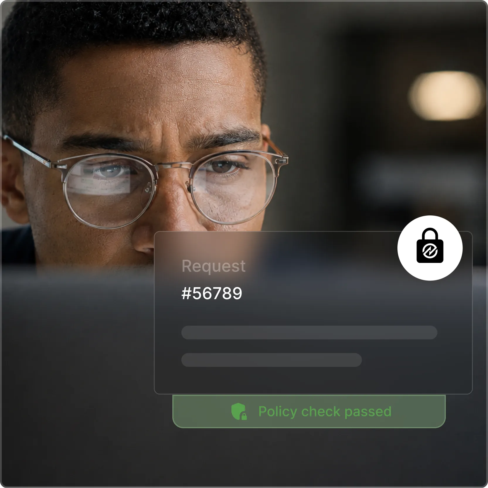 close-up image of a man wearing glasses intently looking at a monitor, overlaid with a secure interface panel featuring a padlock icon and a record labeled "#56789