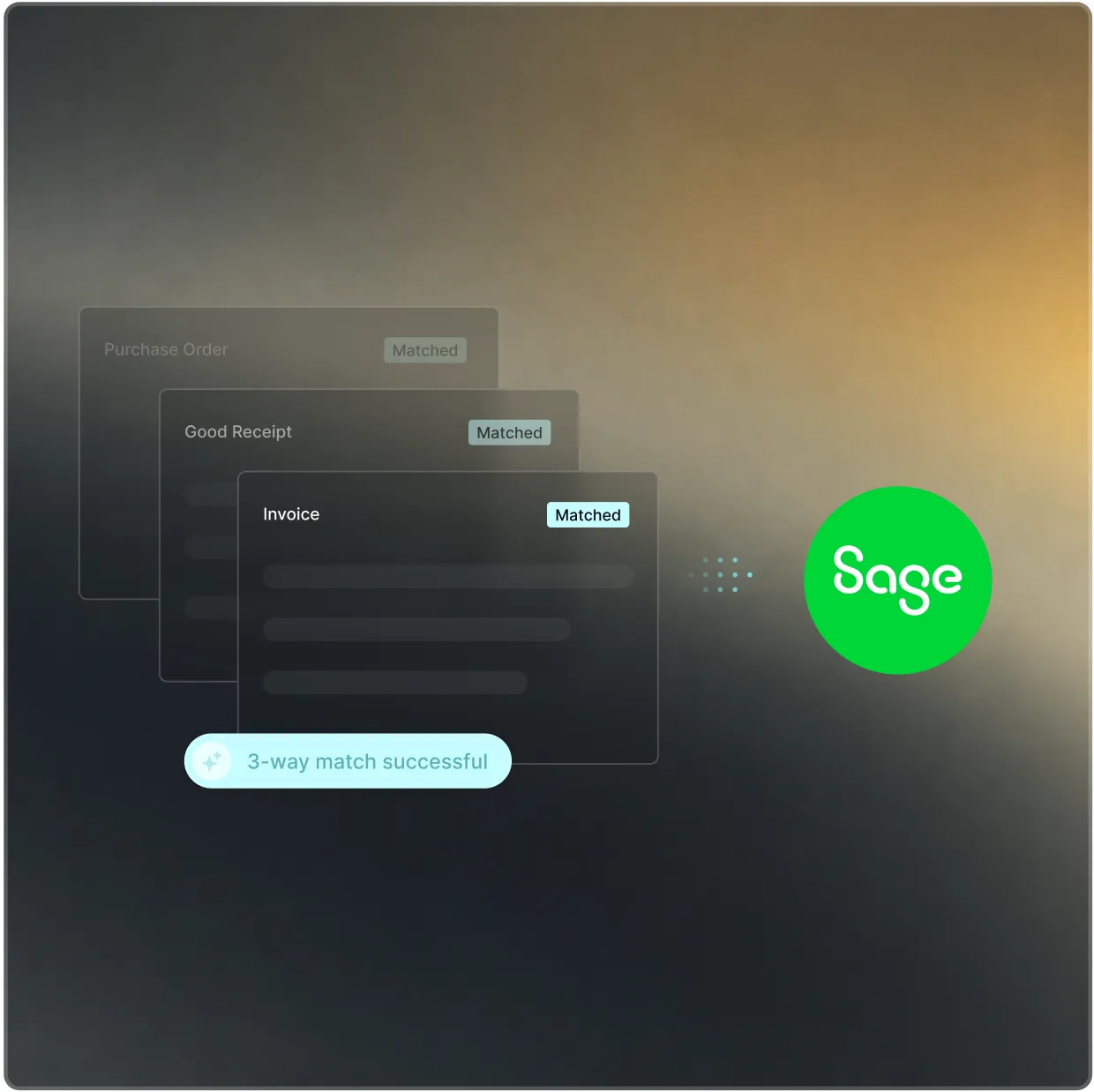 Three-way matching of purchase orders, receipts, and invoices before Sage synchronization