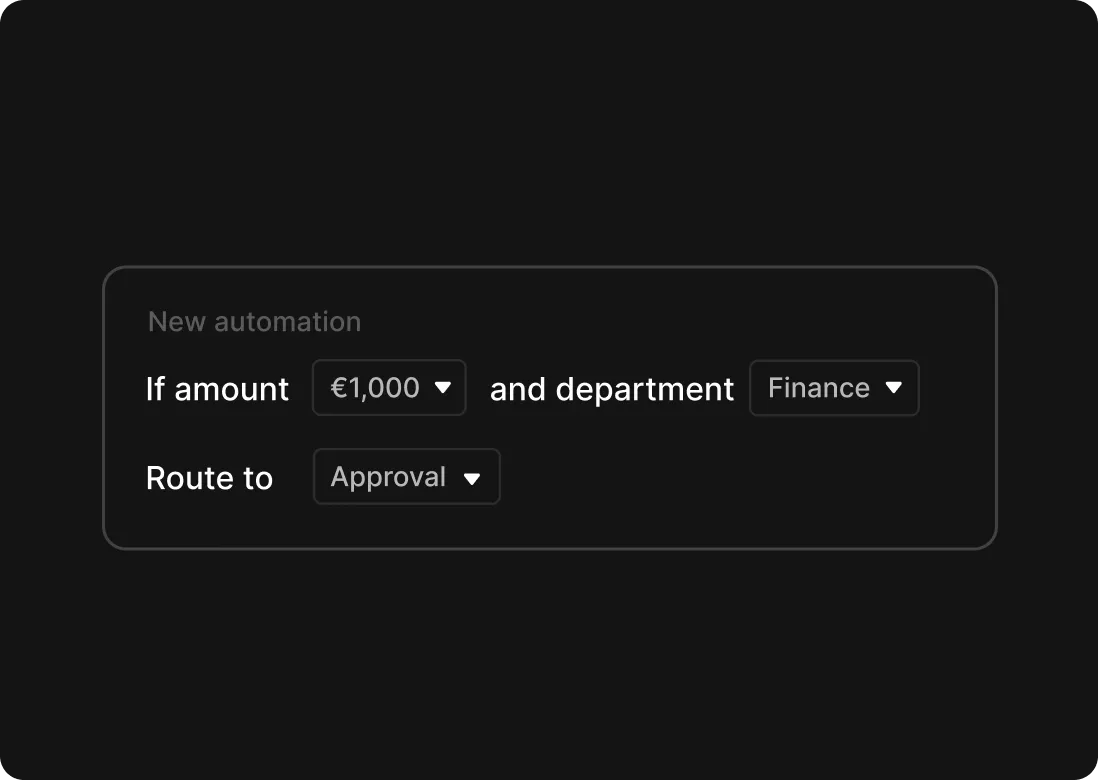 Tradogram approval automation rule configured by purchase amount and department.