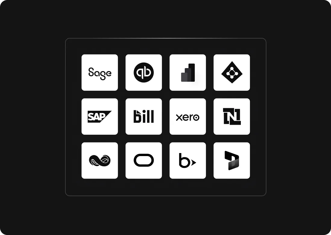 Illustration of accounting, ERP and business software integrations available with Tradogram.