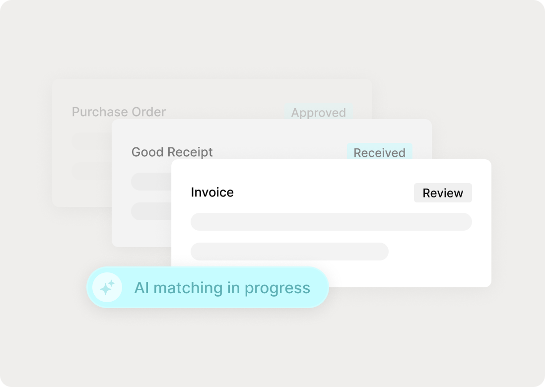 Procure-to-pay workflow showing purchase order, receipt, and invoice matching before payment.