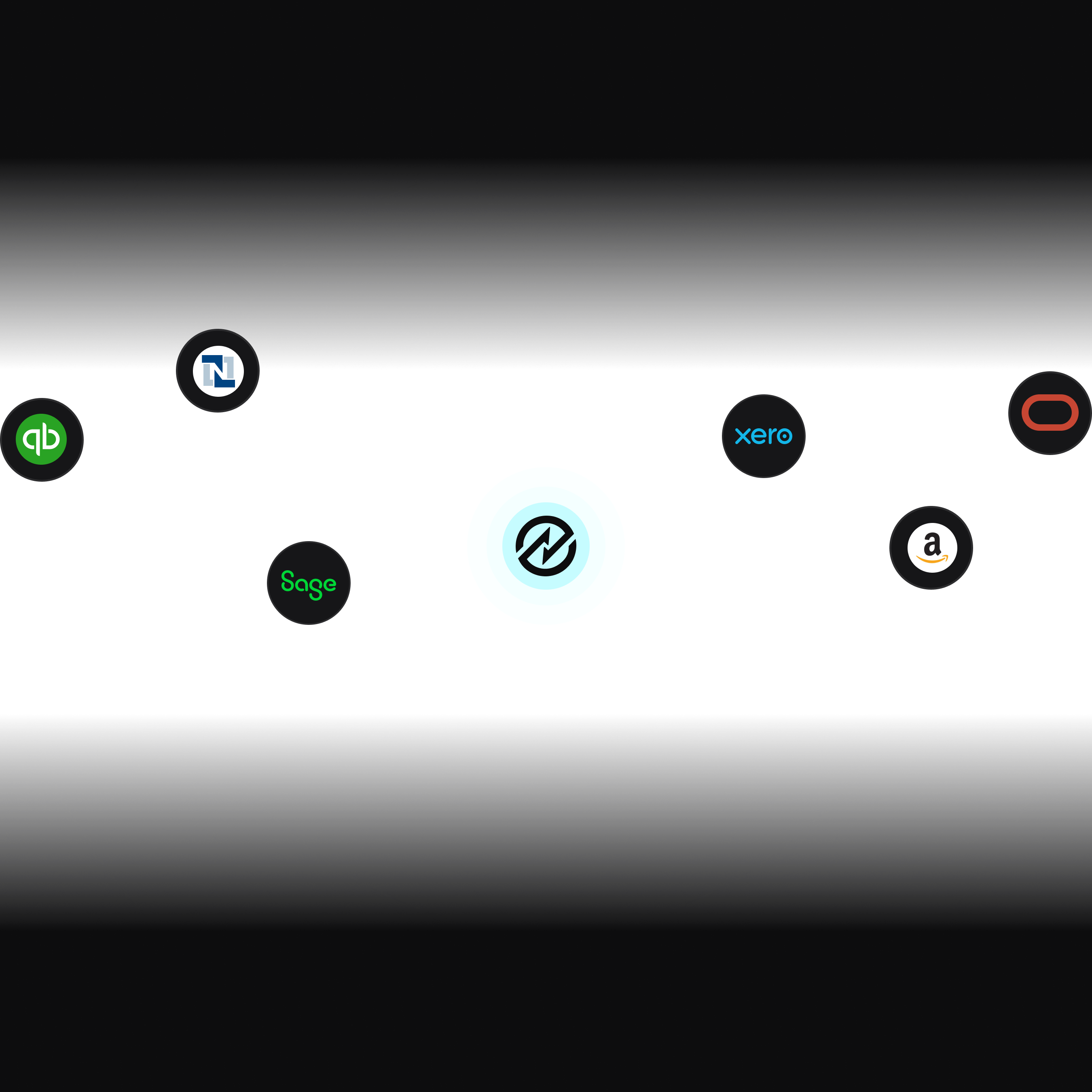 A conceptual diagram illustrating Tradogram connecting to various accounting and ERP systems, showing logos for Sage, Xero, QuickBooks, and NetSuite linked by lines.