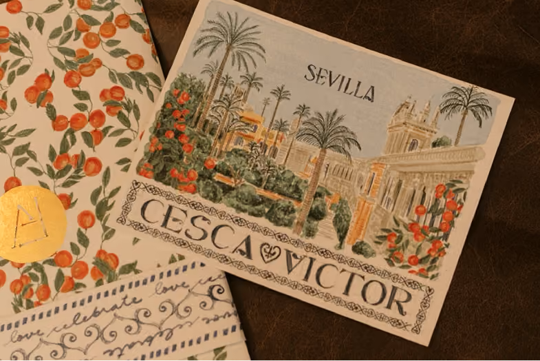Illustrated postcard of Seville with palm trees, flowers, and classical buildings labeled Cesc & Victor.