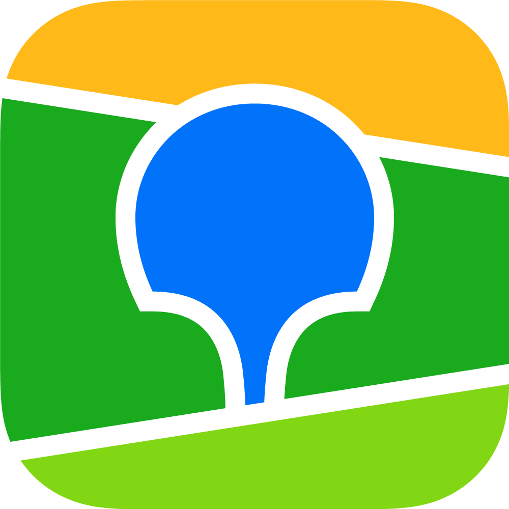 Icon with a blue location pin over yellow, green, and light green map sections separated by white lines.