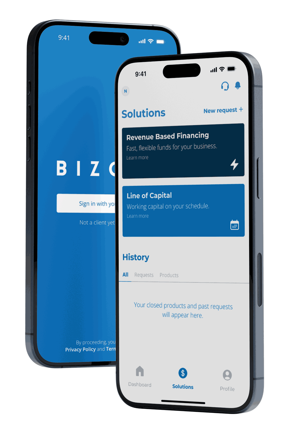 Smartphone mockup showcasing the Bizcap login screen for small business finance.