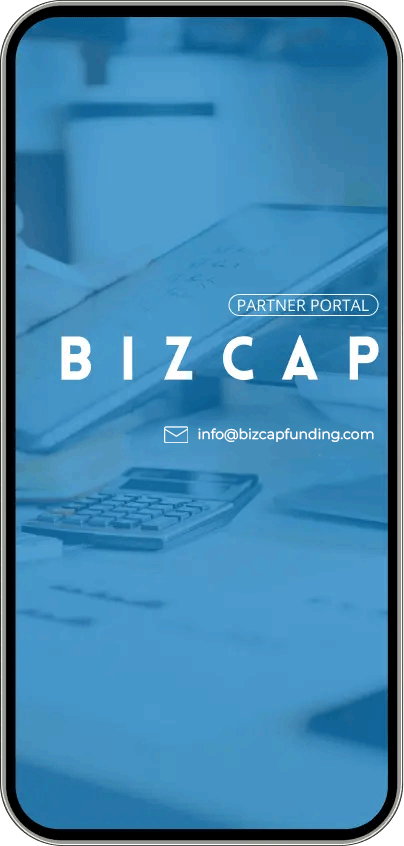 Smartphone mockup showcasing the Bizcap Partner Portal login screen for small business finance brokers.