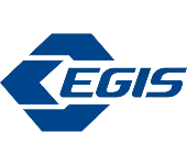 Kék, stilizált Egis logó geometrikus formával és hátterével.