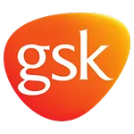 GSK logo in white lowercase letters on an orange to yellow gradient rounded triangular shape.