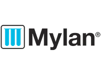 Mylan company logo with a stylized blue triple-bar icon inside a black square next to the word Mylan in black text.