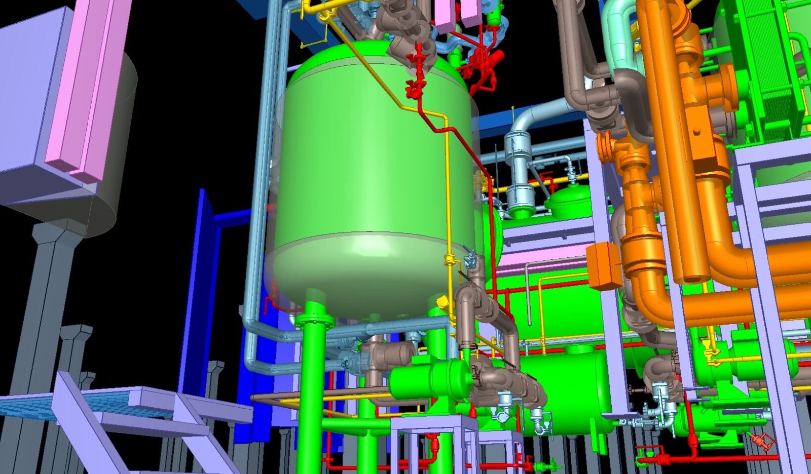 3D modell: ipari csővezetékek és tartályok acélkereten