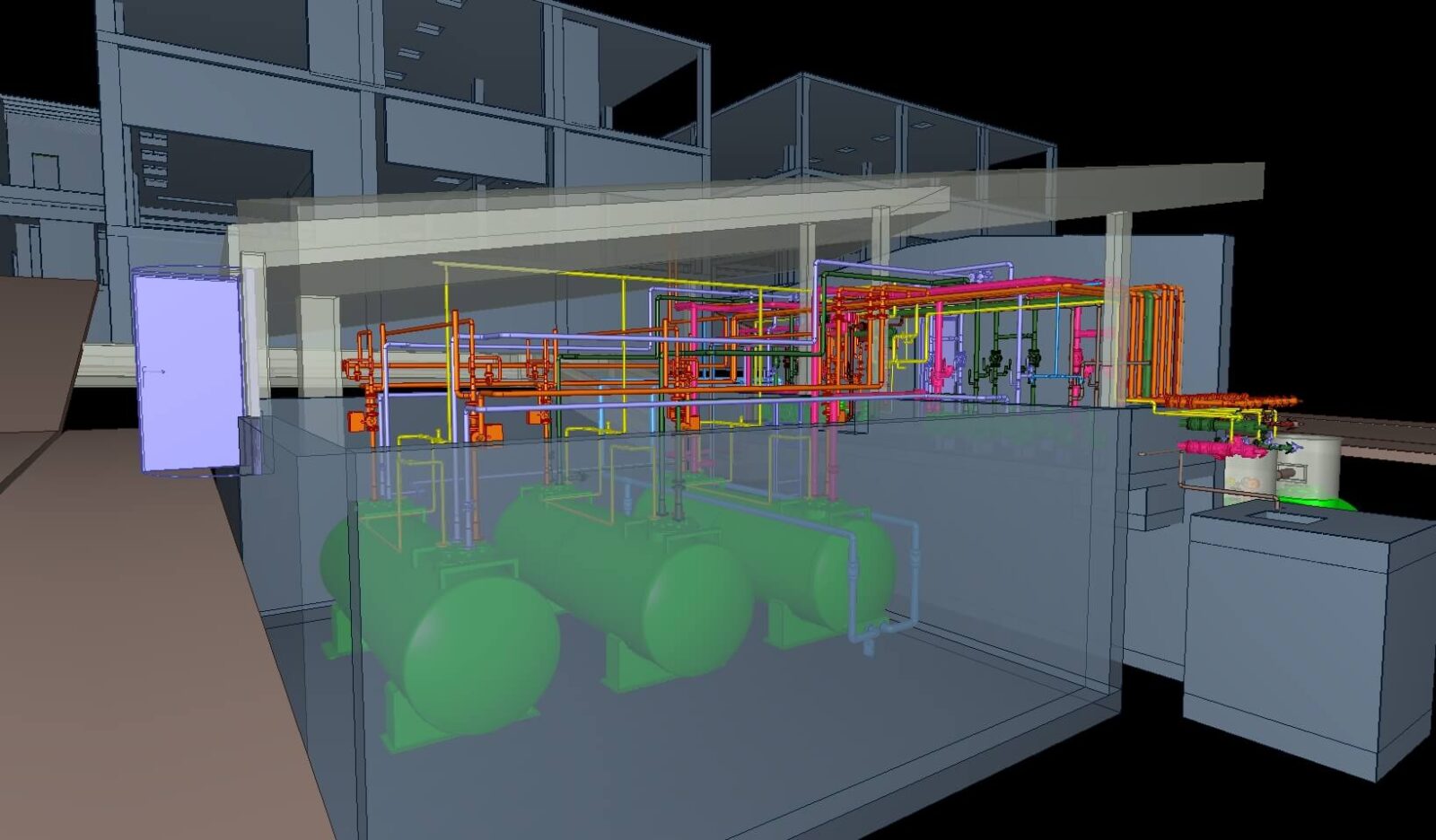 3D modell: üvegfalú gépészeti helyiség zöld tartályokkal és csővezetékekkel