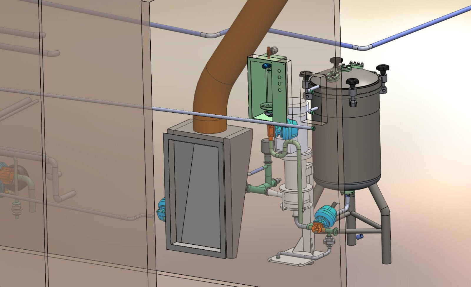 3D CAD-modell: ipari csővezetékek és szürke hengeres tartály fal mellett