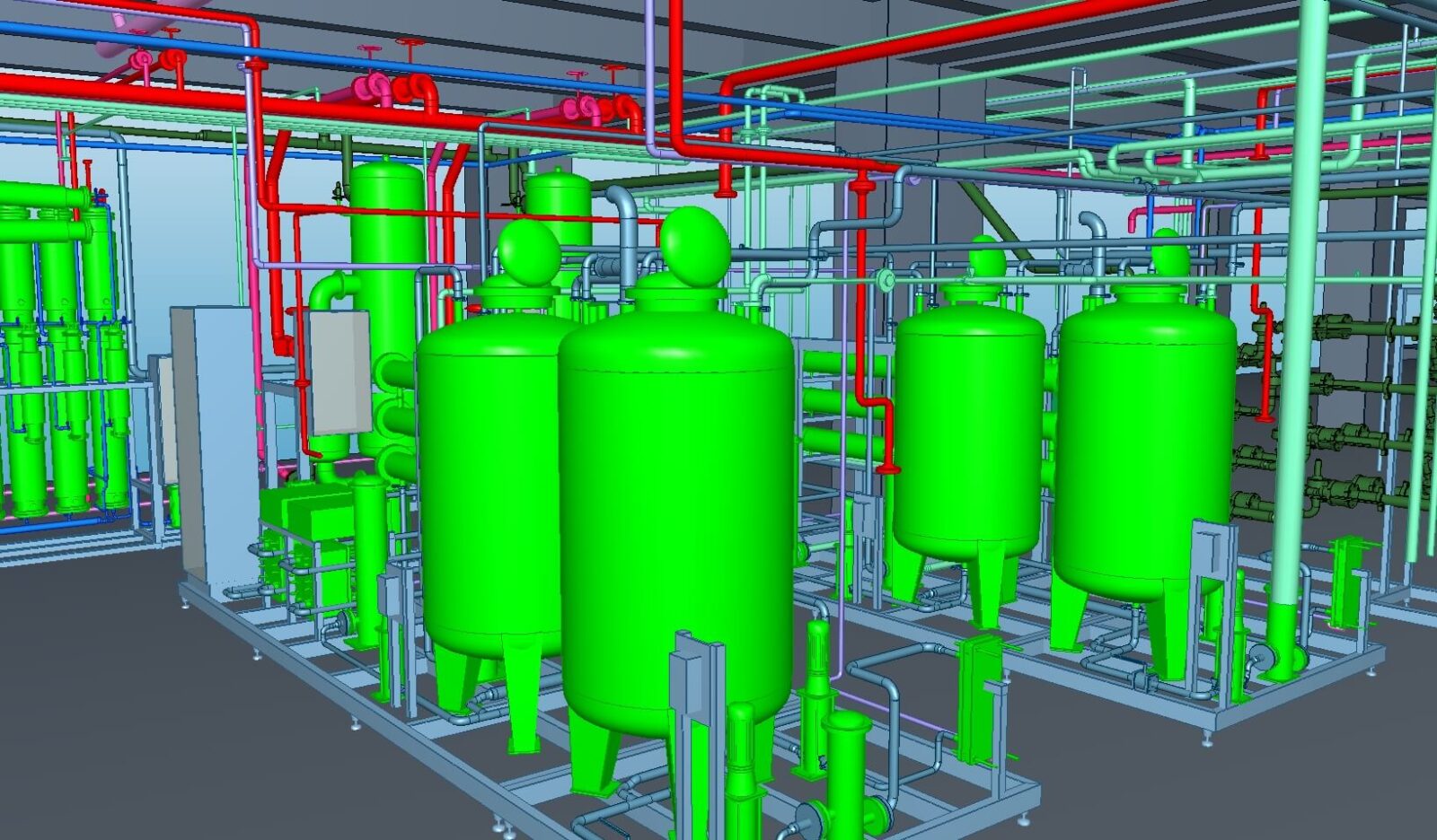 3D modell: zöld tartályok és csővezetékek egy gépészeti helyiségben