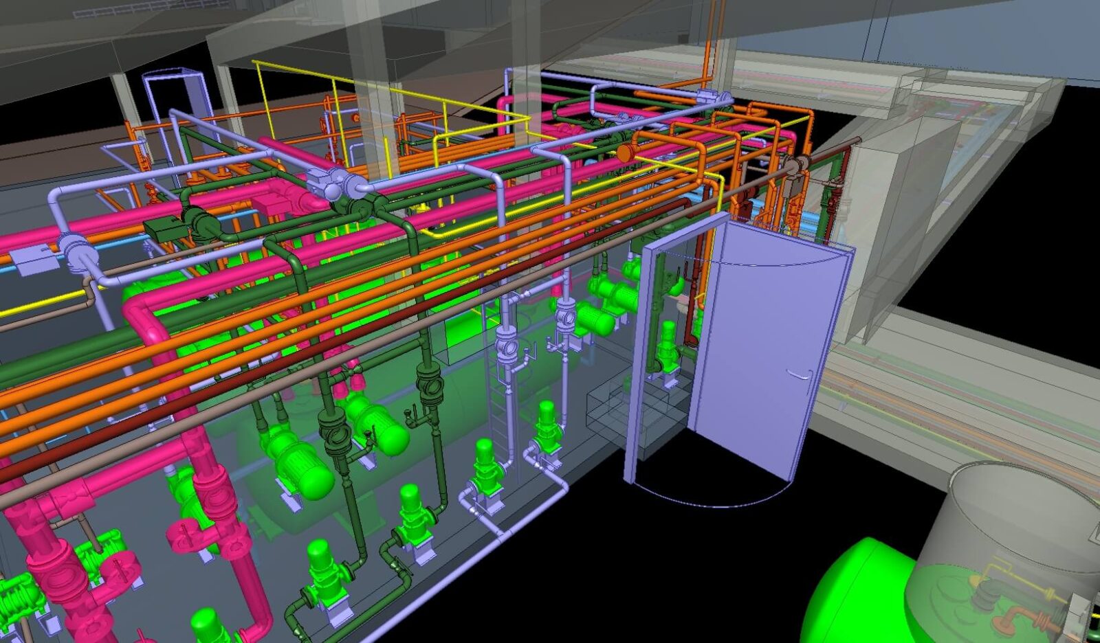 3D modell: gépészeti helyiség színkódolt csövekkel és szelepekkel