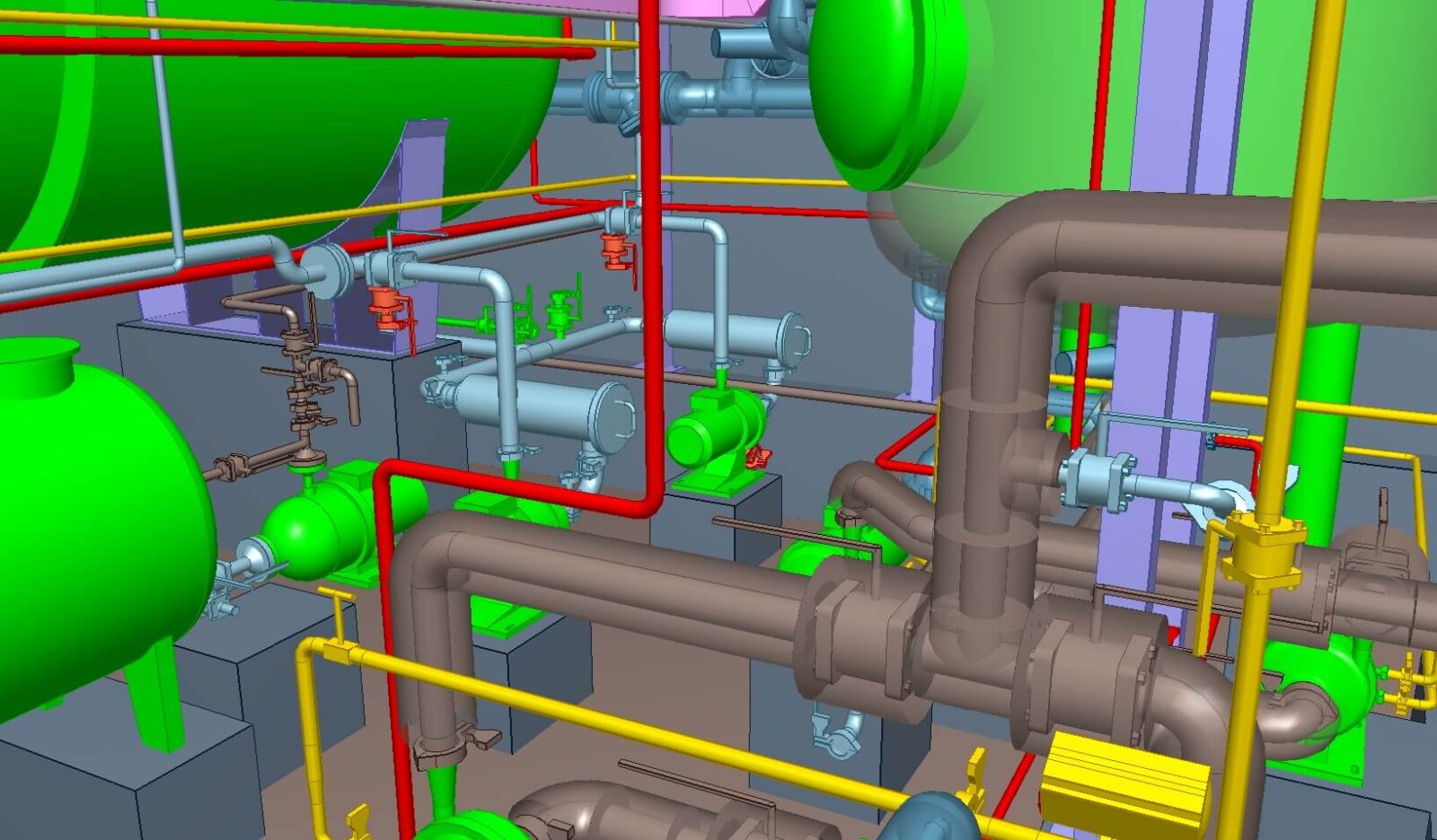 3D modell: csővezeték-hálózat nagy zöld tartályokkal egy gépházban