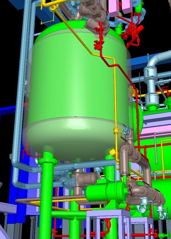3D modell: nagy zöld tartály színes csővezetékekkel és tartószerkezetekkel