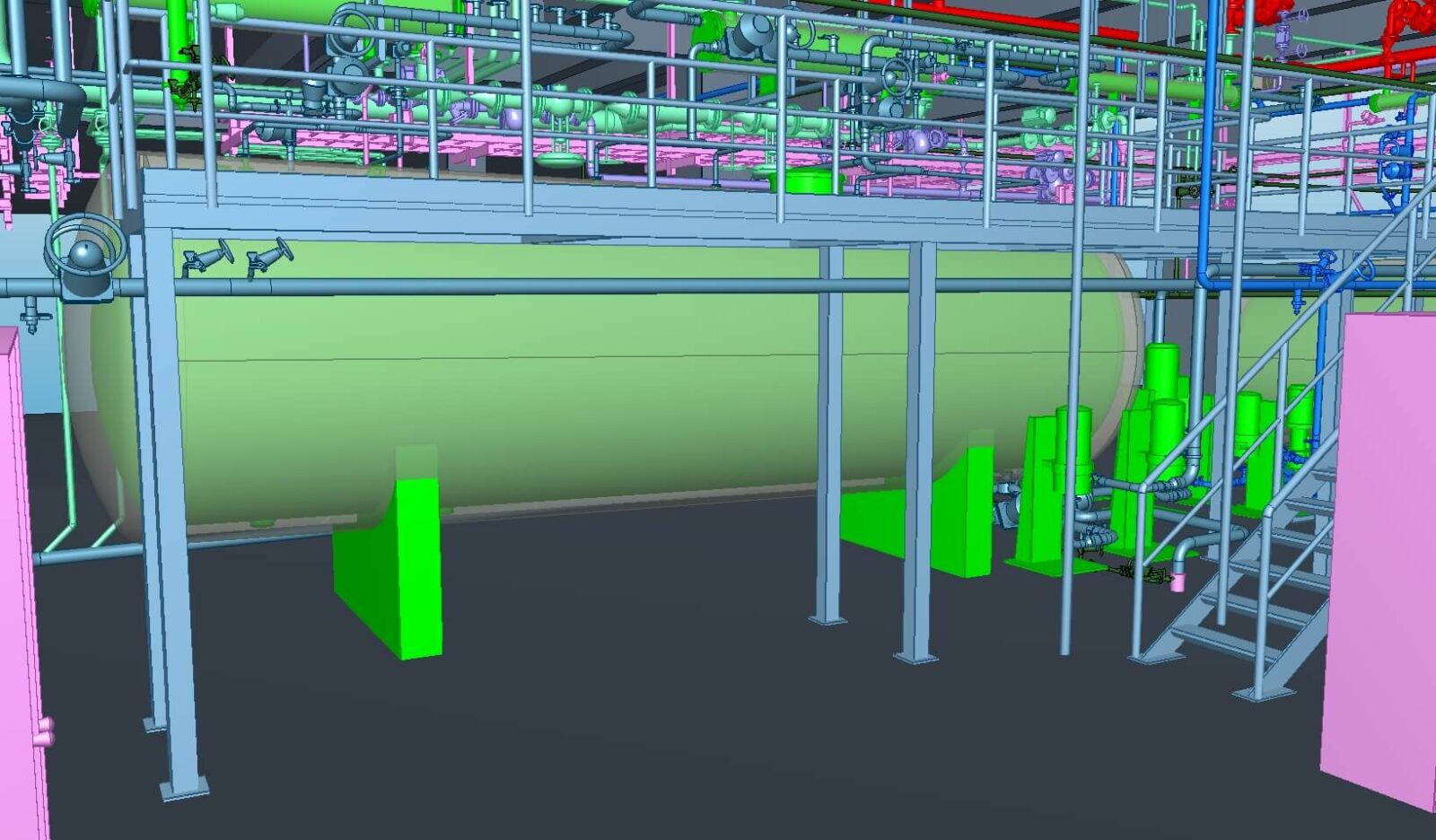 3D modell: ipari létesítmény acél tartóoszlopokkal és zöld berendezésekkel