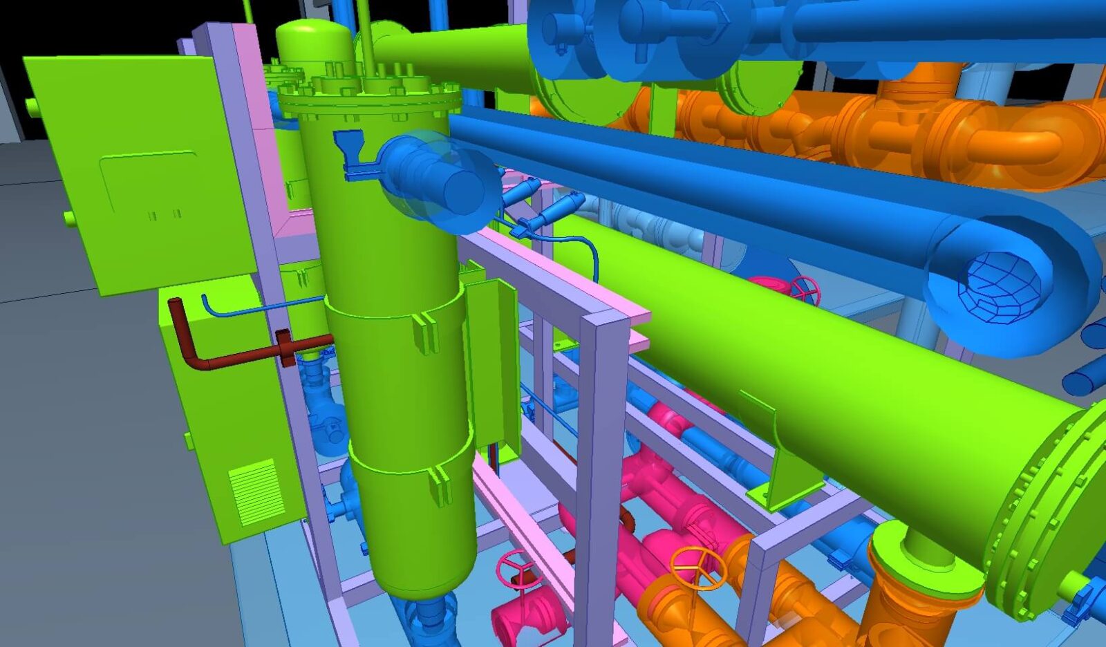 3D modell: színkódolt ipari csővezetékek és hengeres berendezések