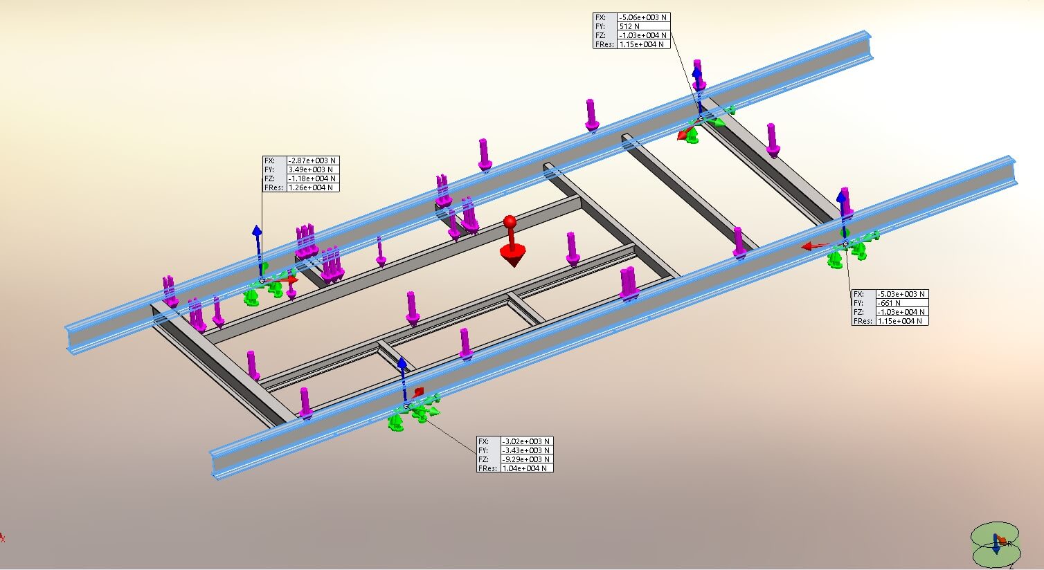 3D CAD-modell: négyszögletes fémkeret kék gerendákkal
