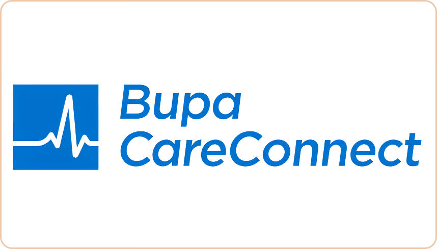 Bupa CareConnect logo with a blue square and heartbeat line symbol.