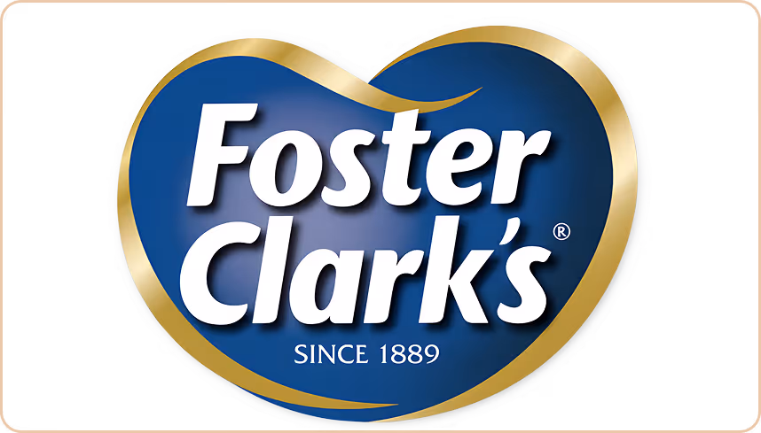 Foster Clark's logo with white text on a blue and gold heart shape, including text 'Since 1889'.