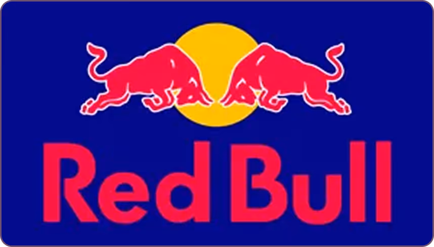 Red Bull logo with two red bulls charging toward each other above a yellow sun.