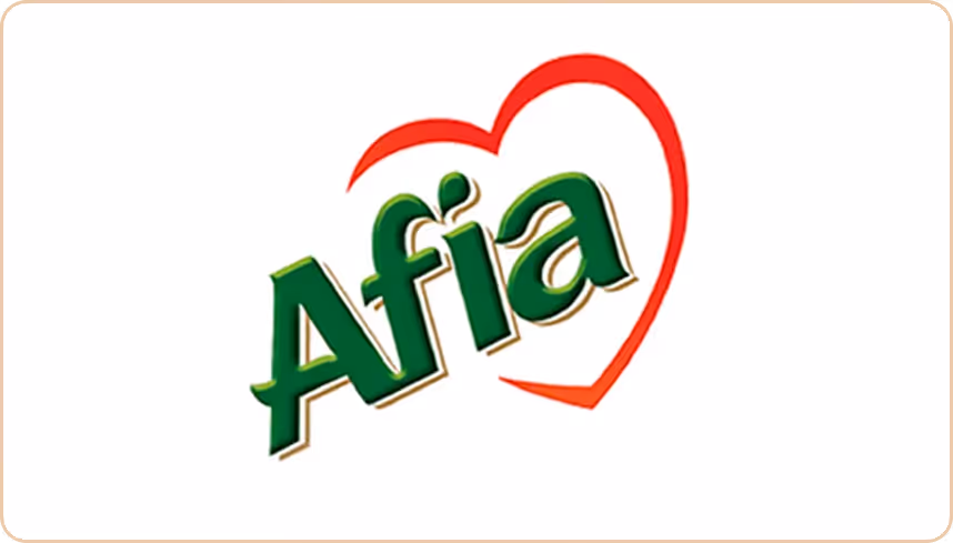 Green text 'Afia' with a red heart outline on a white background.