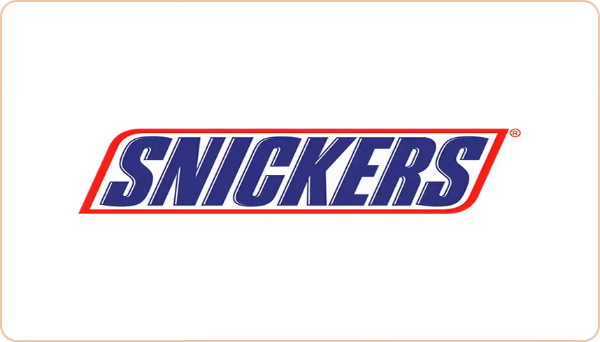 Snickers logo with bold blue letters inside a white and red stripe on a black background.