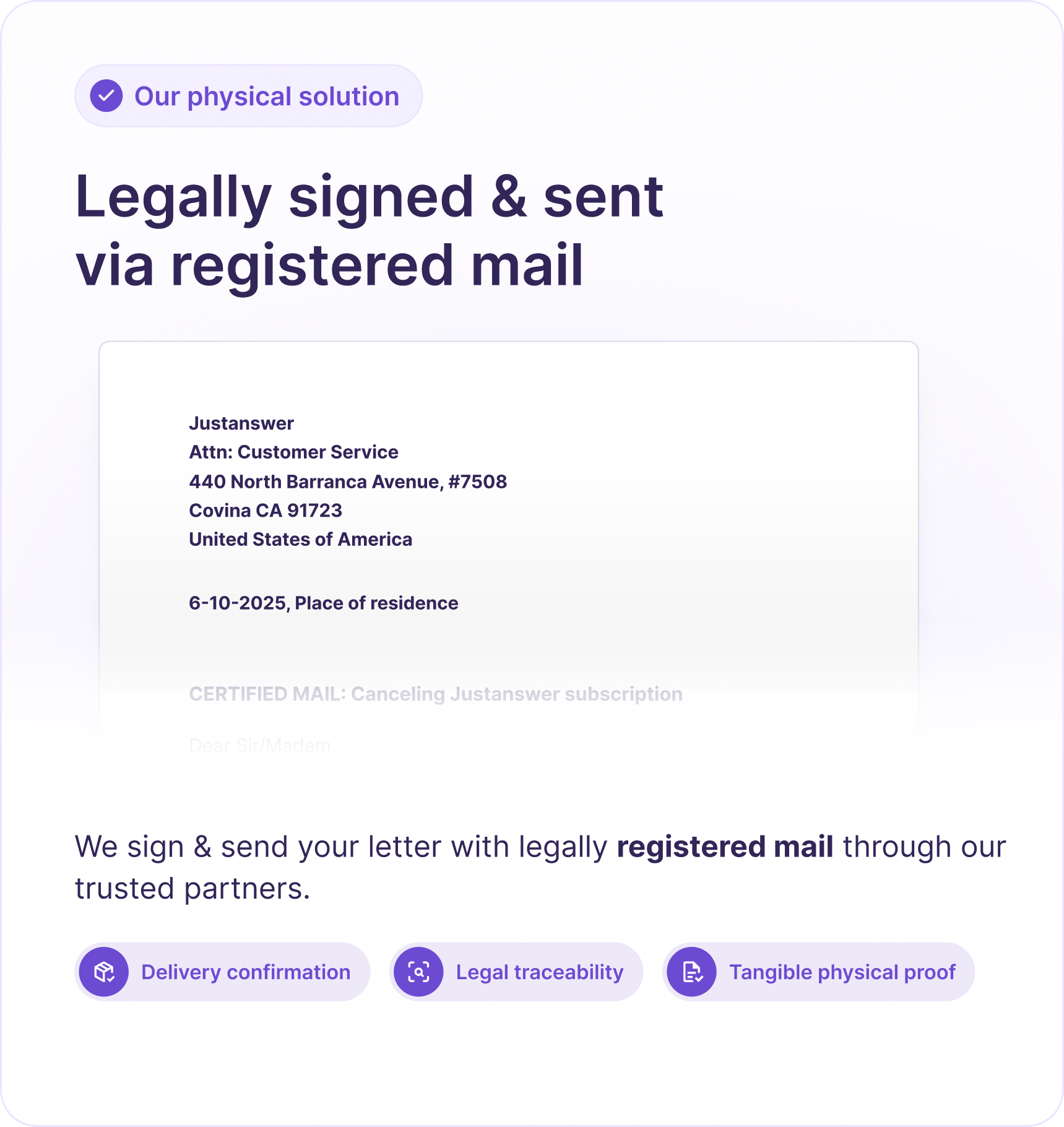 Example of a signed cancellation letter sent by registered mail