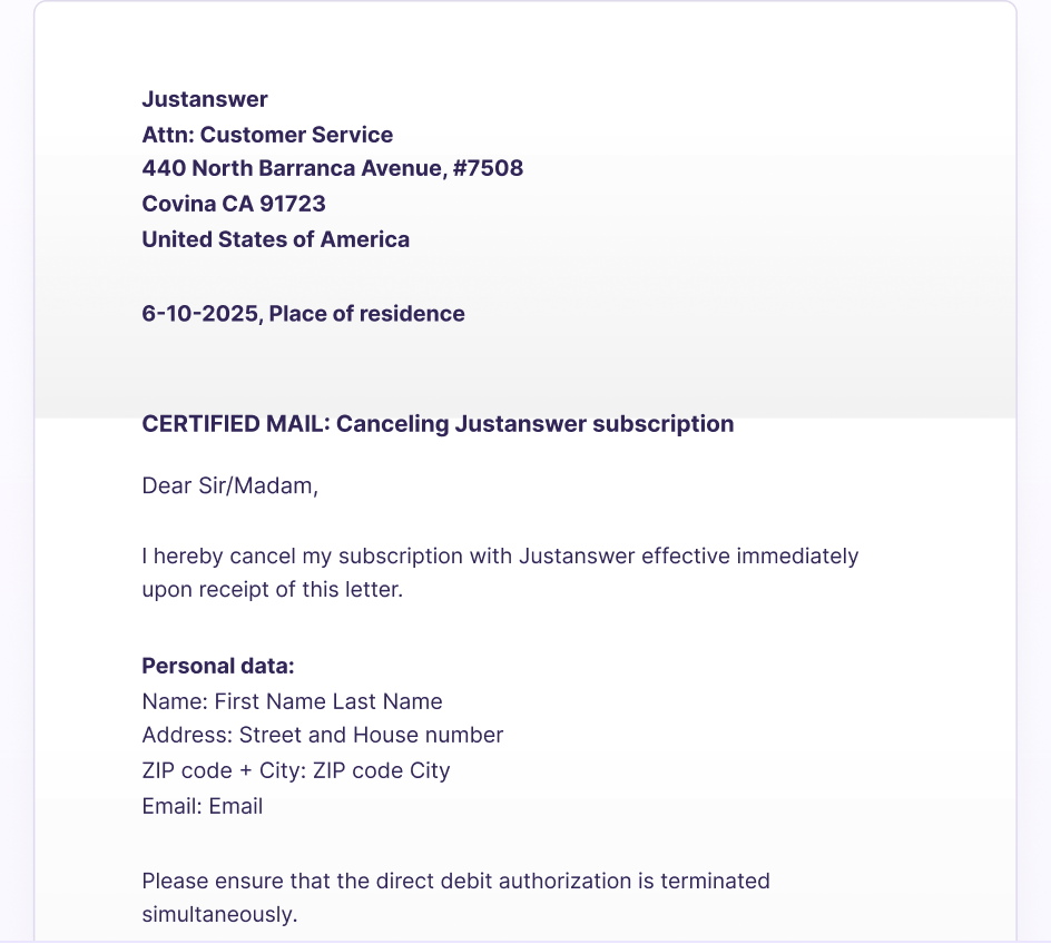 Example of a signed cancellation letter sent by registered mail