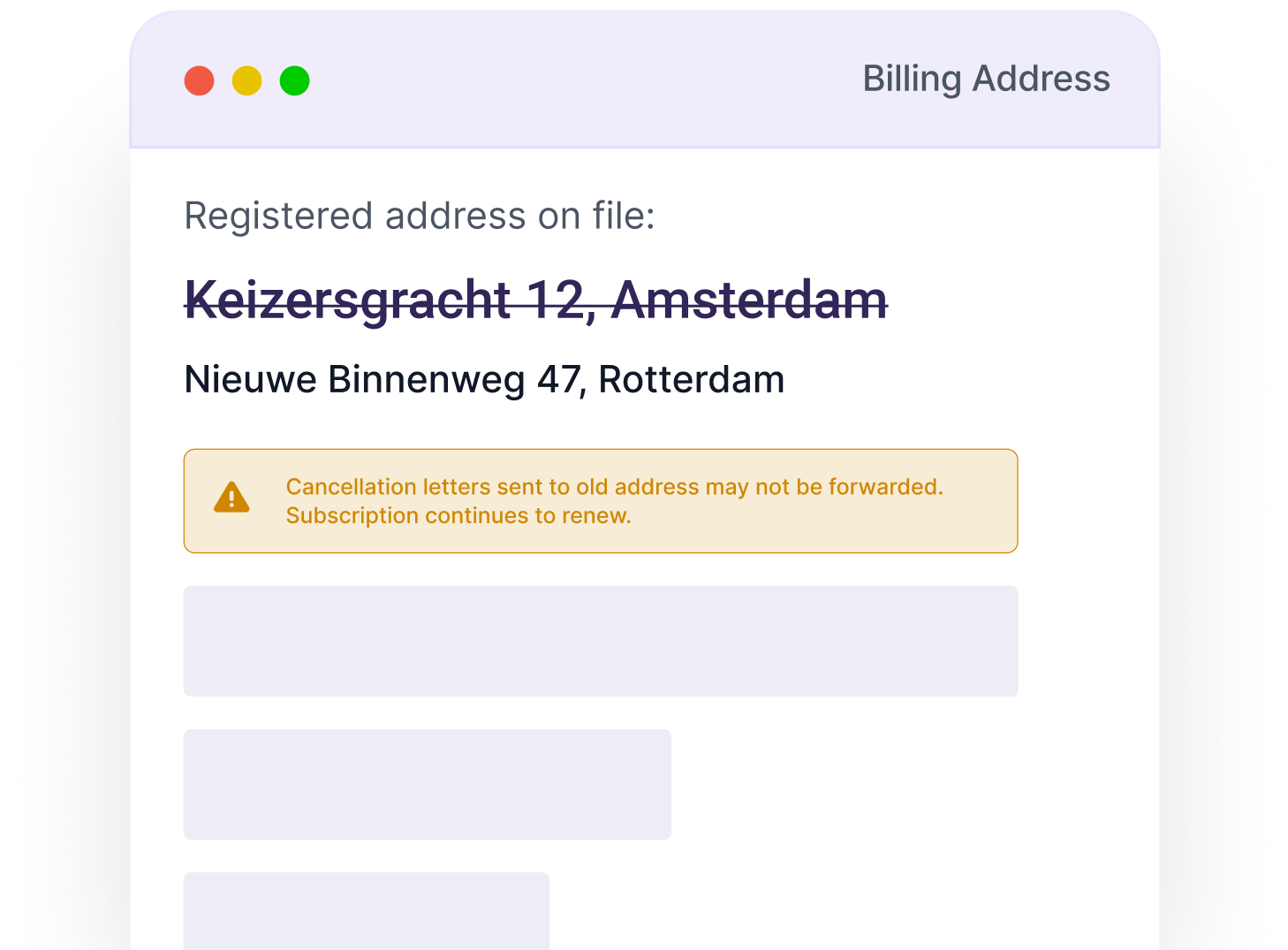 Billing address screen with an outdated registered address