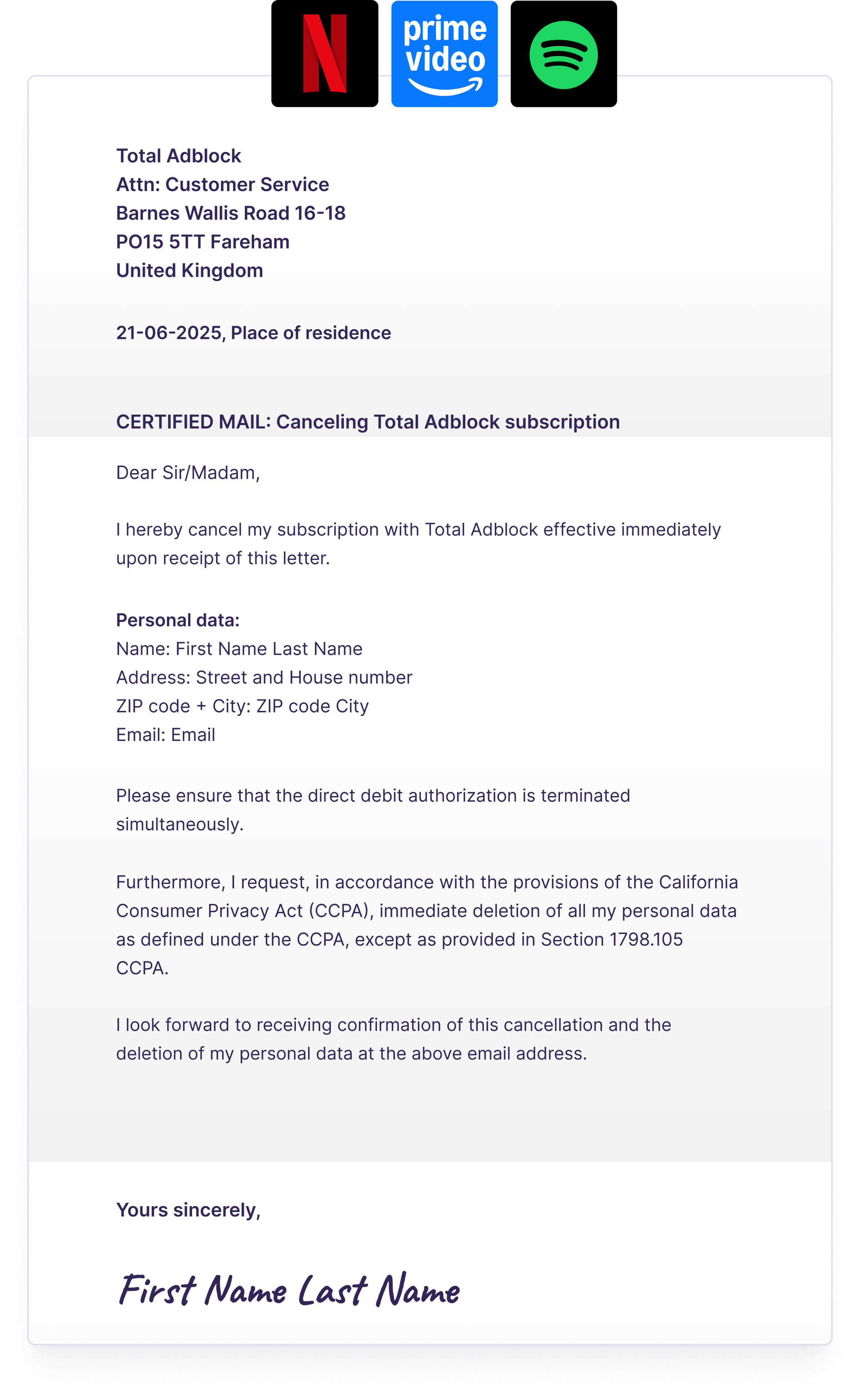 Example of a cancellation letter generated by Xpendy for Netflix, Prime Video and Spotify