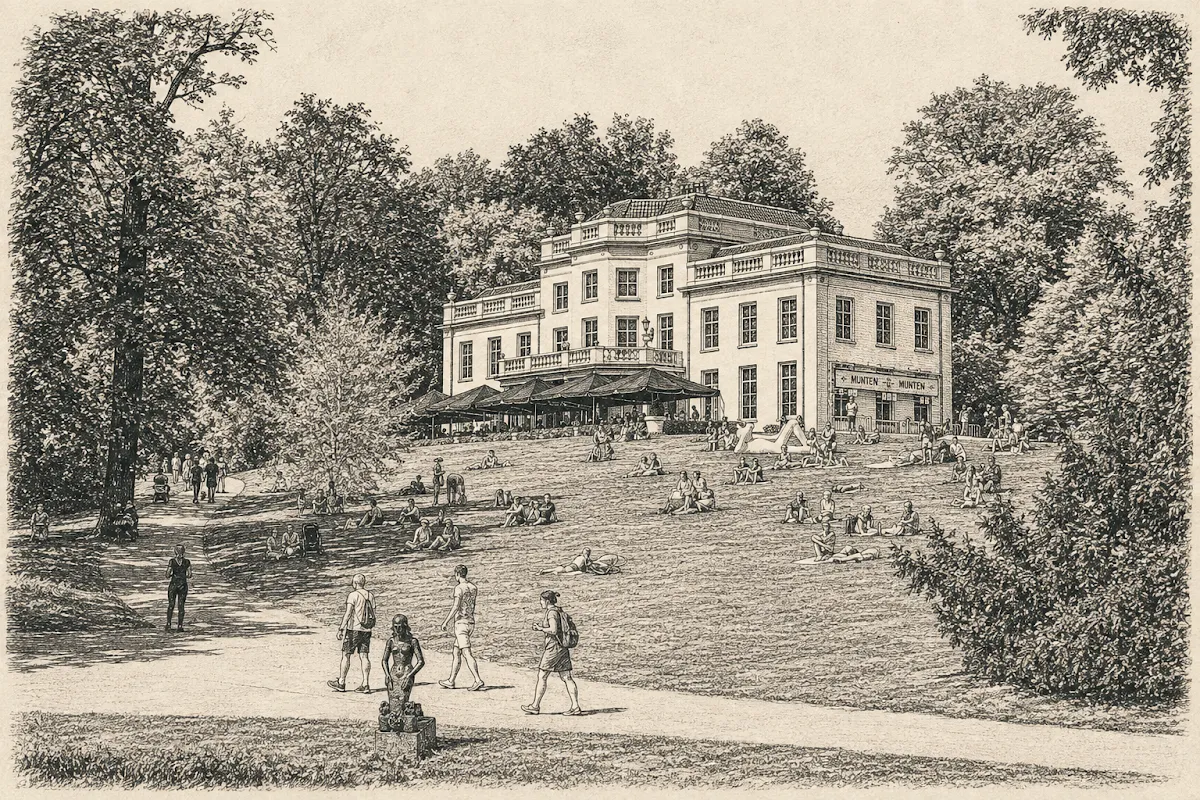 Getekende illustratie van Sonsbeek Paviljoen in Arnhem