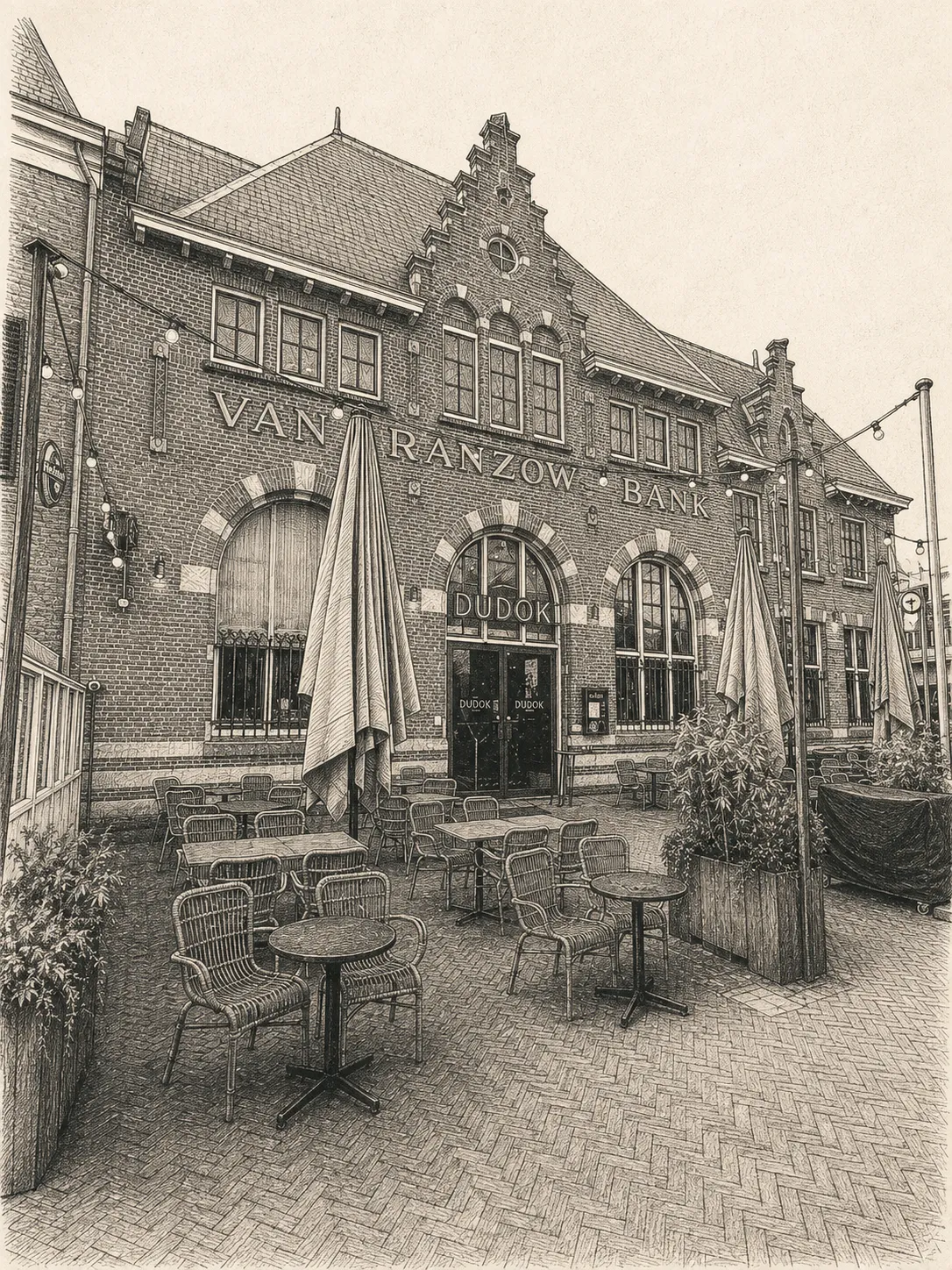 Getekende illustratie van Dudok in Arnhem