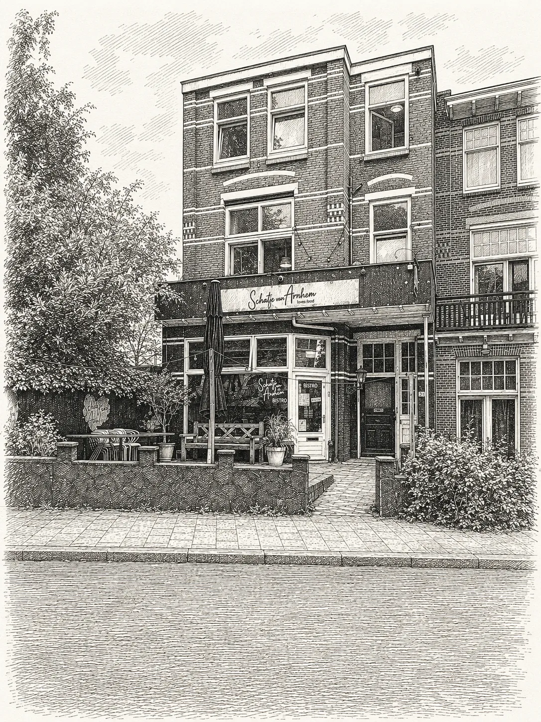 Getekende illustratie van Bistro Schatje van Arnhem