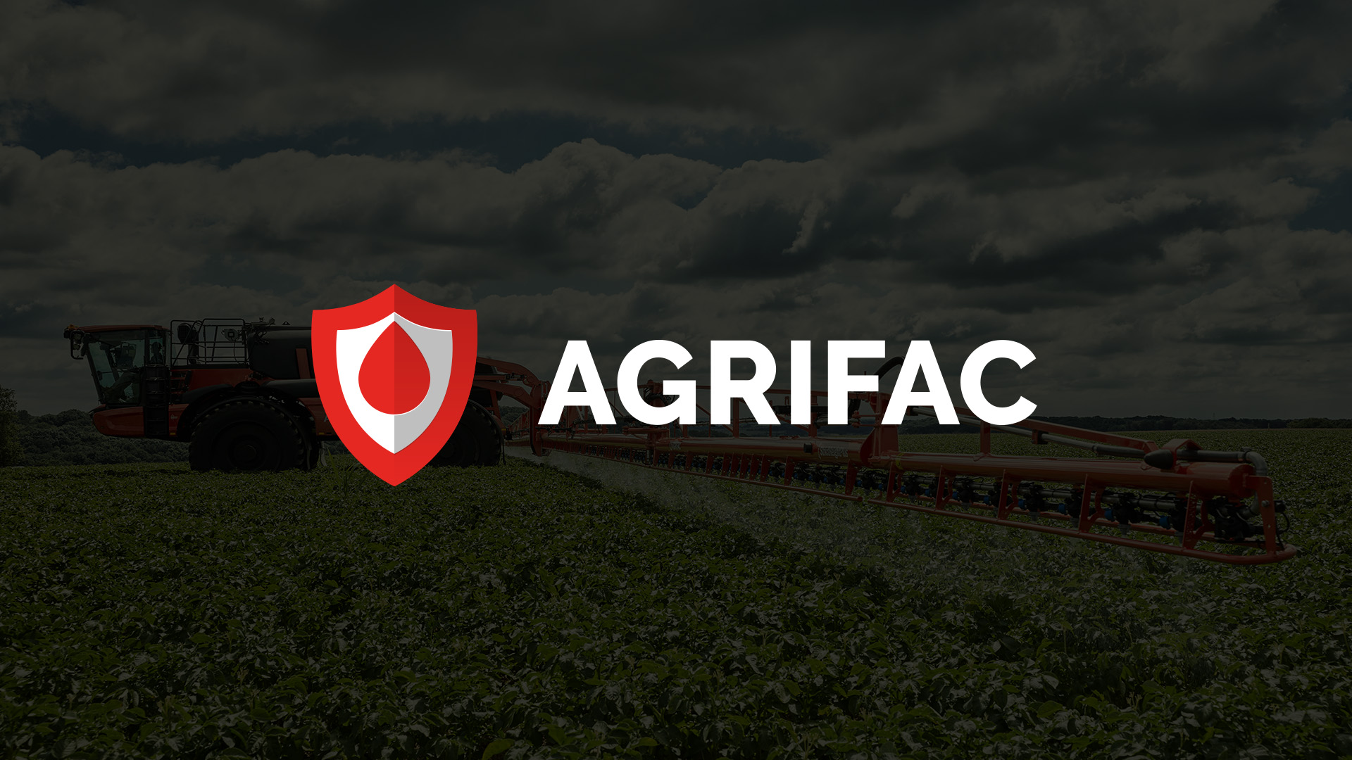 Agricultural field with green crops under a cloudy sky and a red crop sprayer machine, overlaid with a red shield logo featuring a drop shape and the text AGRIFAC.