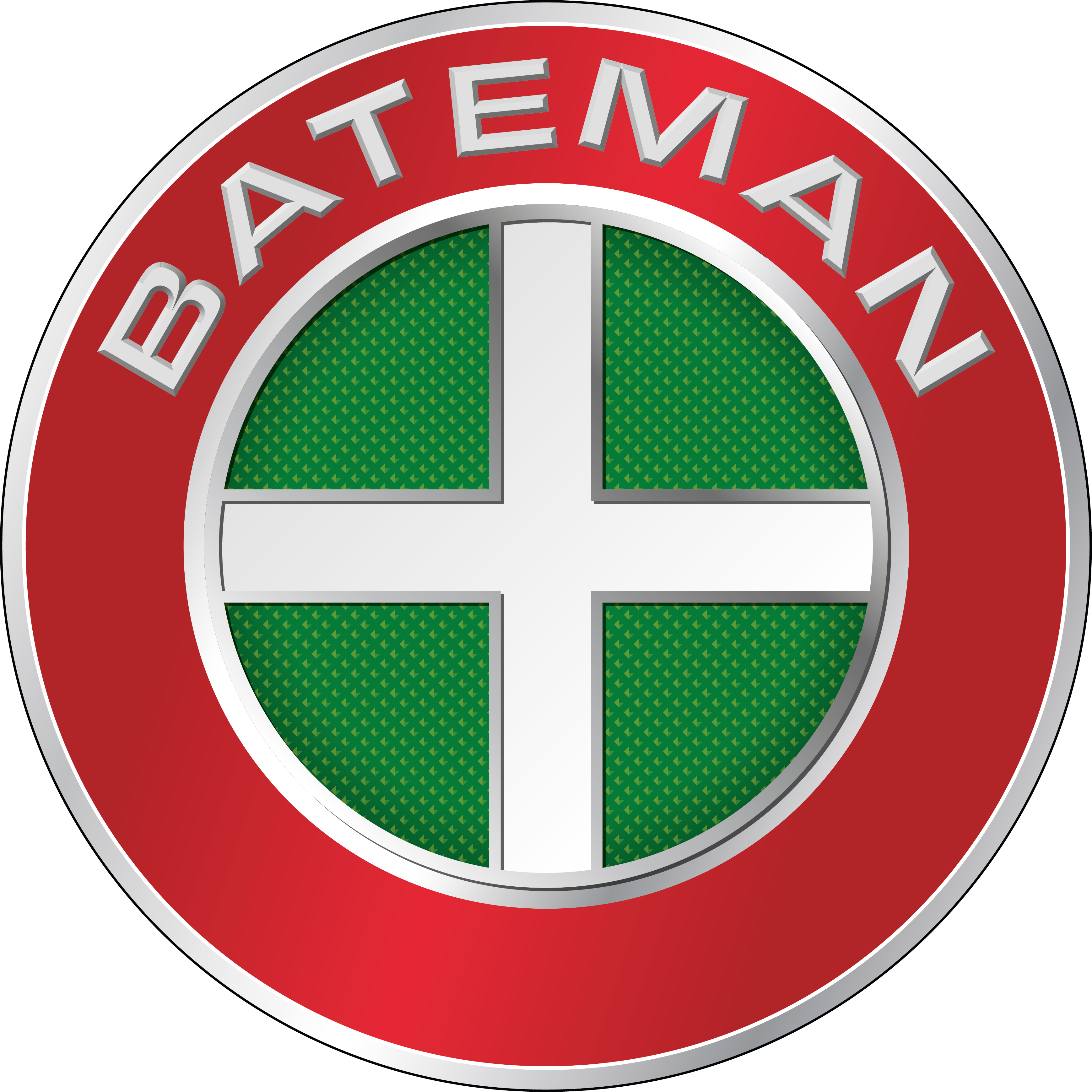 Circular logo with a red outer ring featuring the word "BATEMAN" in silver letters and a green center with a silver cross dividing it into four sections with a subtle pattern.