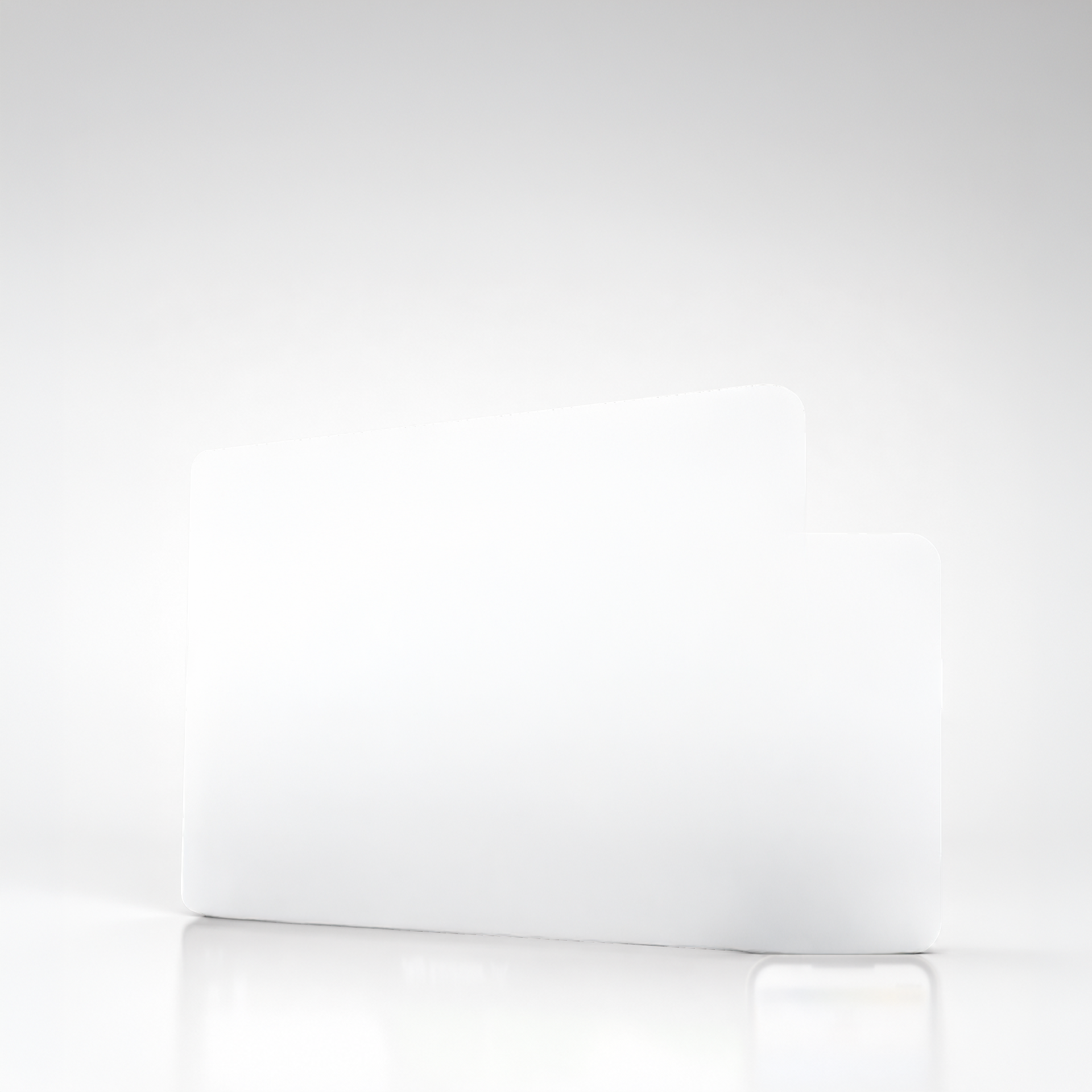 Two overlapping translucent white folders with rounded corners on a white reflective surface and background.