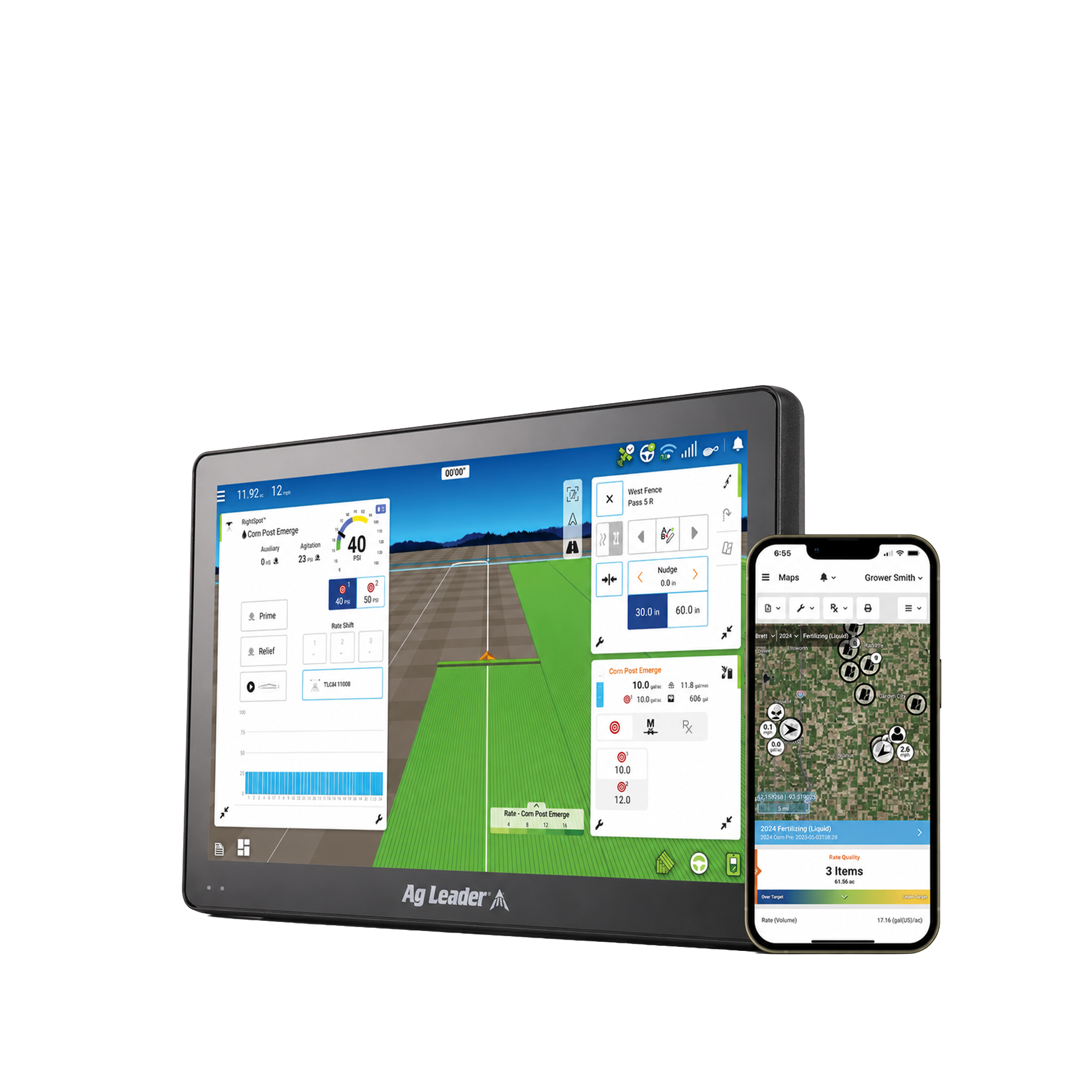Ag Leader digital farming display showing field mapping and fertilizing data next to a smartphone screen with a farm map and application details.