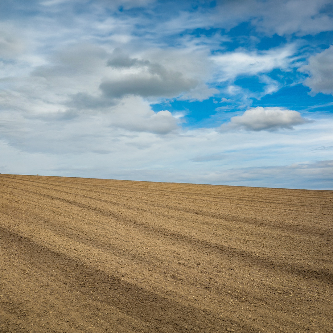 Wide expanse of freshly plowed farmland under a partly cloudy blue sky.