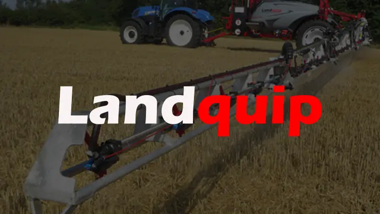 Farm field with a blue tractor attached to a long agricultural sprayer equipment in the background with the word 'Landquip' in white and red letters overlaid.